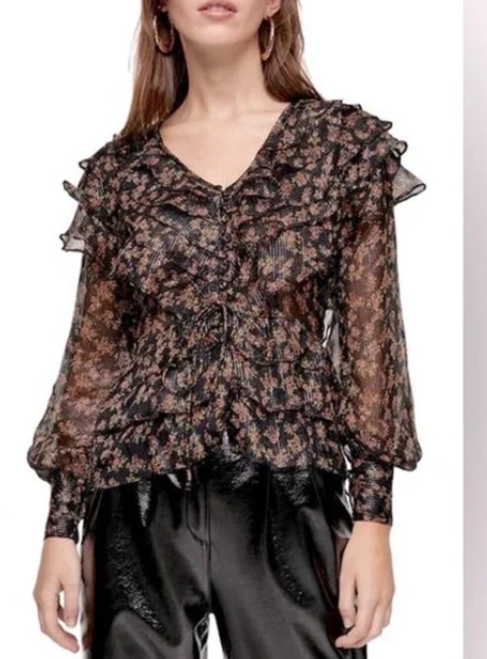 NEW Topshop Black Floral Stripe Button Front Blouse With Lurex & Ruffles Size 6